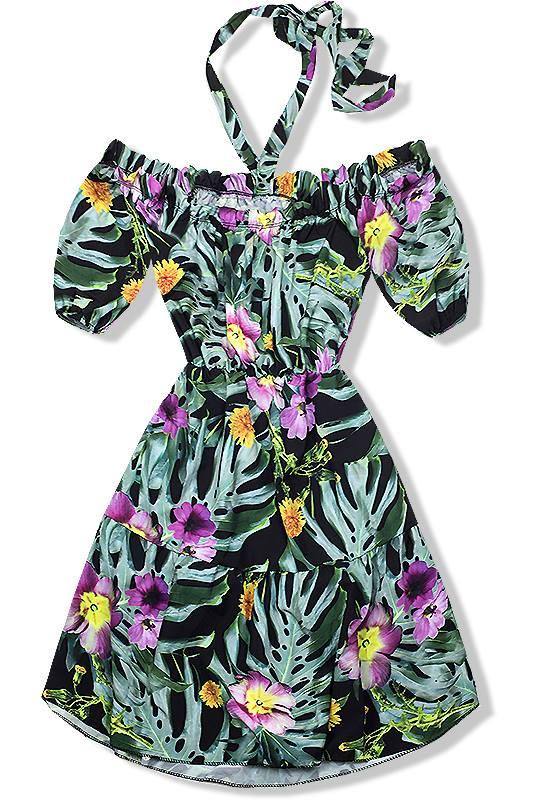 Černé květinové šaty se zavazováním kolem krku