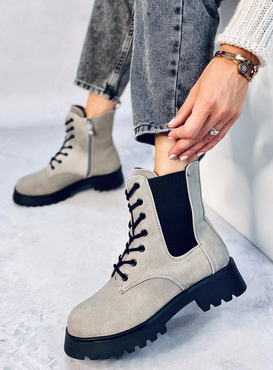 Šedé semišové šněrovací kozačky