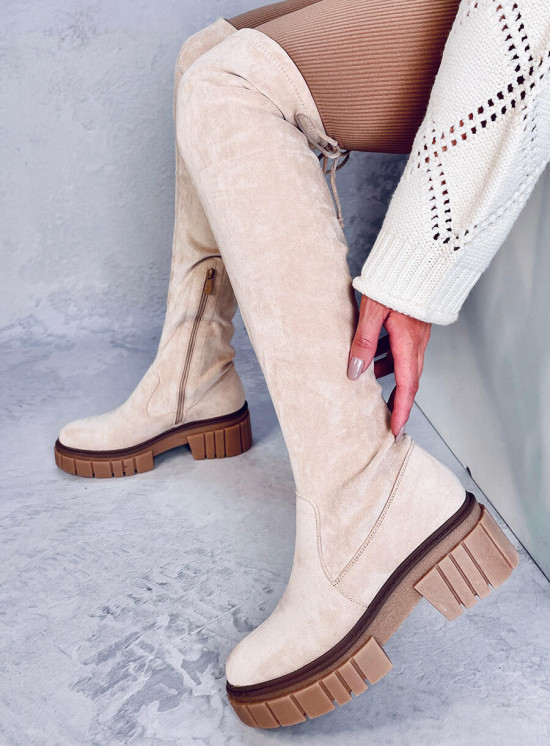 Béžové semišové vysoké holínky