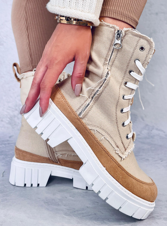 Béžové látkové kozačky na hrubé podrážce