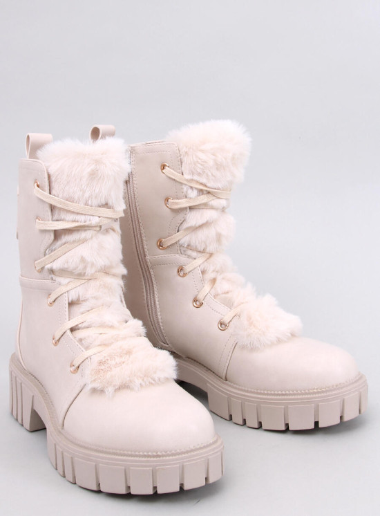 Krémové šněrovací kozačky s kožešinou