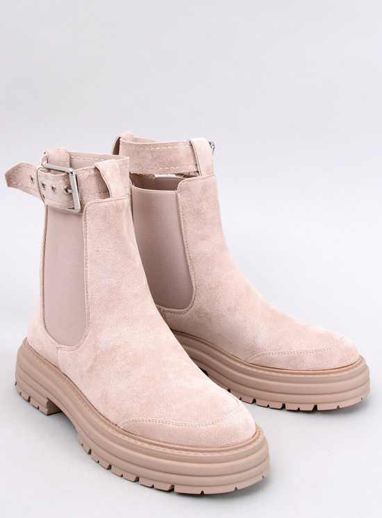 Semišové kotníkové kozačky s přezkou krémové