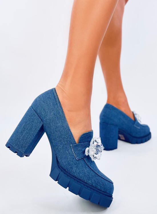 Mokasíny na podpatku s kamínky modré