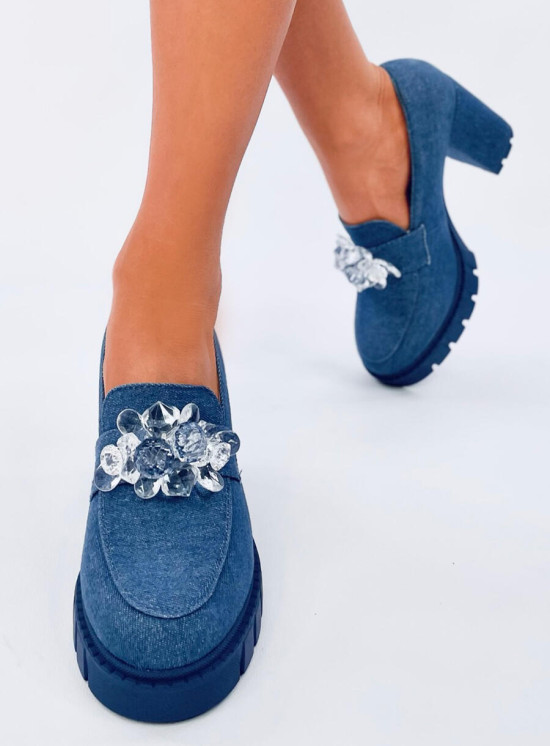 Mokasíny na podpatku s kamínky modré