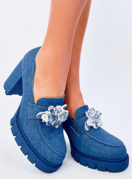 Mokasíny na podpatku s kamínky modré
