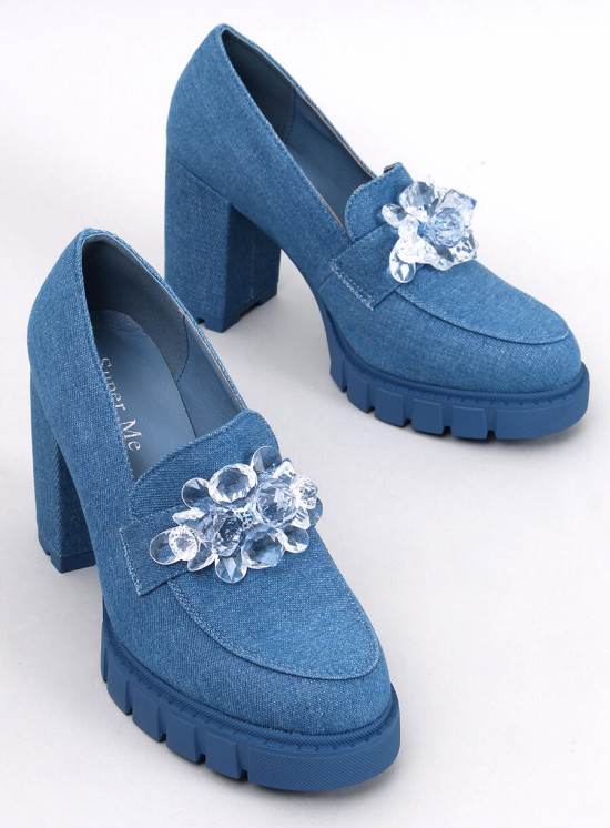 Mokasíny na podpatku s kamínky modré