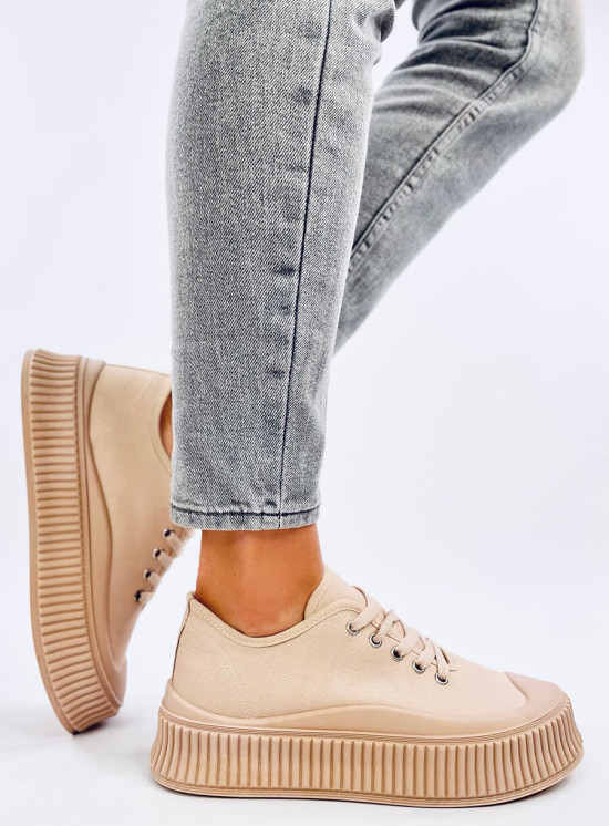 Plátěné tenisky na vysoké platformě tmavě béžové