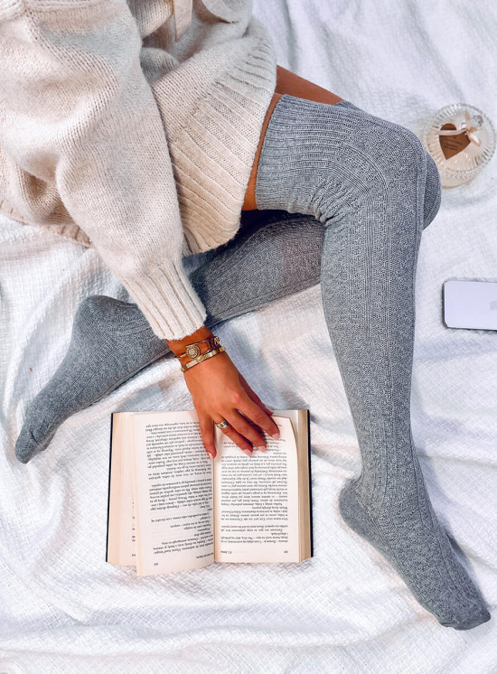 Bavlněné dámské nadkolenky světle šedé