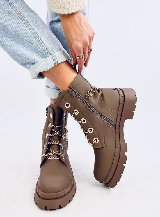 Khaki kotníkové kozačky se zlatým řetízkem