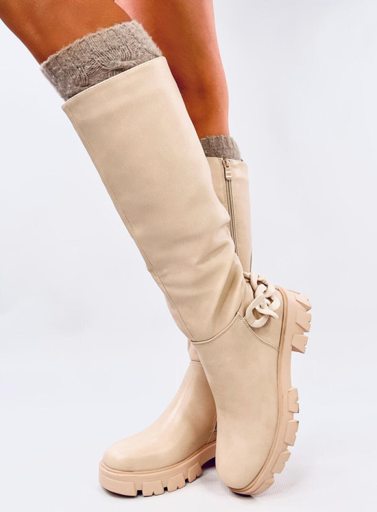Béžové vysoké kozačky s řetízkem