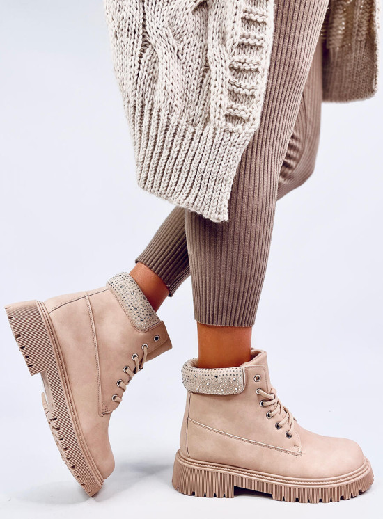 Béžové šněrovací boty zdobené kamínky