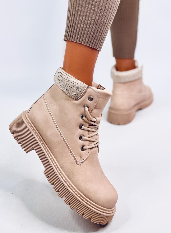 Béžové šněrovací boty zdobené kamínky