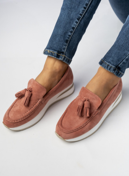 Dámské semišové mokasíny s třásněmi růžové