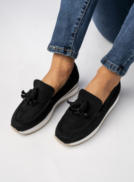 Dámské semišové mokasíny s třásněmi černé