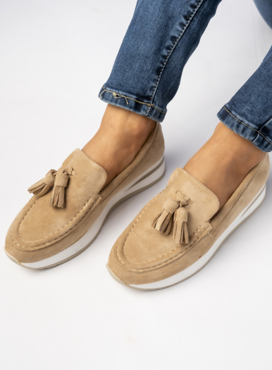 Dámské semišové mokasíny s třásněmi béžové
