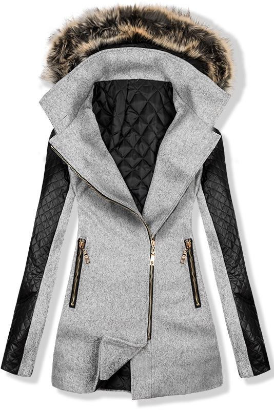 Šedý kabát s koženkovými rukávy