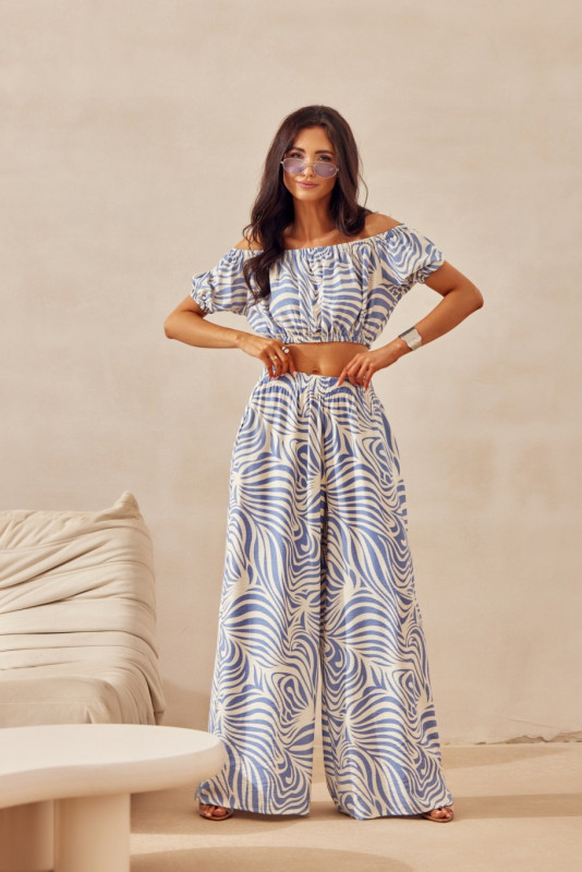 Modré wide leg kalhoty s lnem