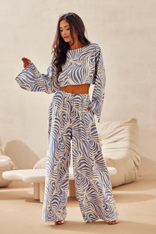 Modré wide leg kalhoty s lnem