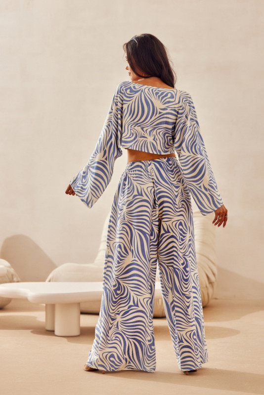Modré wide leg kalhoty s lnem