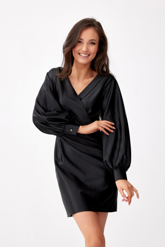 Saténové mini šaty s dlouhým rukávem, černé