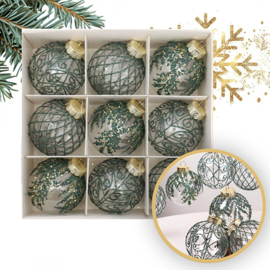 Ozdoby na stromeček zelená/transparentní, 8 cm, 9 kusů