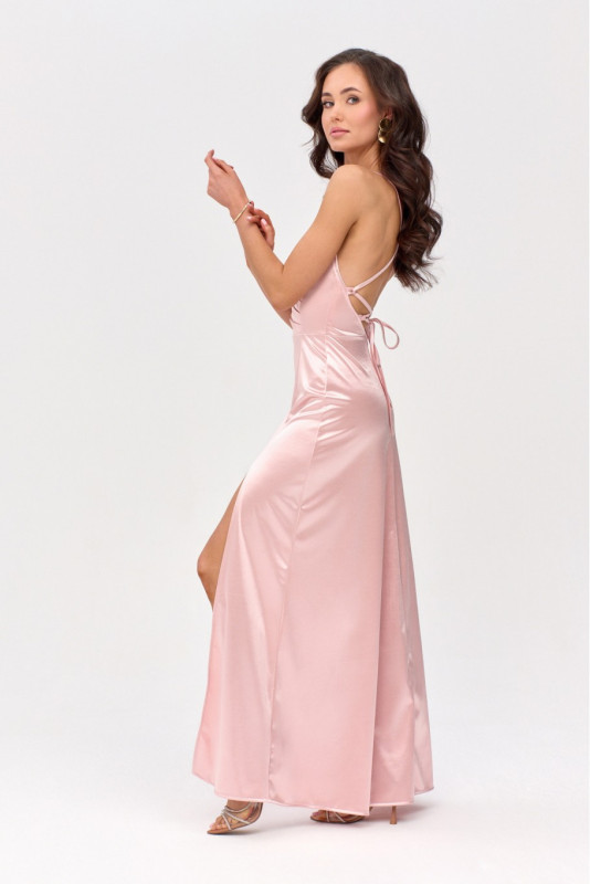 Saténové maxi šaty s vázáním na zádech v růžové barvě