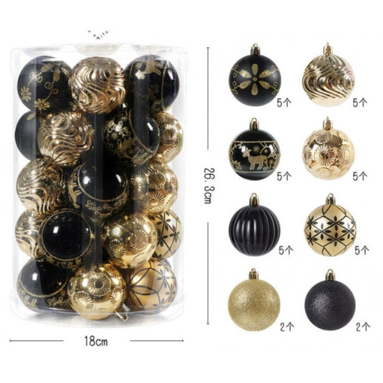 Ozdoby na stromeček černá/zlatá, 6 cm, 34 kusů