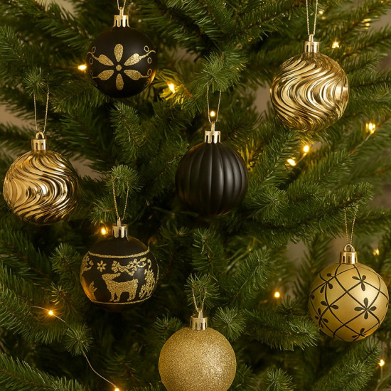Ozdoby na stromeček černá/zlatá, 6 cm, 34 kusů