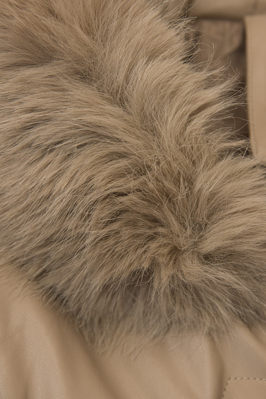 Zimní koženkový kabát s umělou kožešinou, béžový