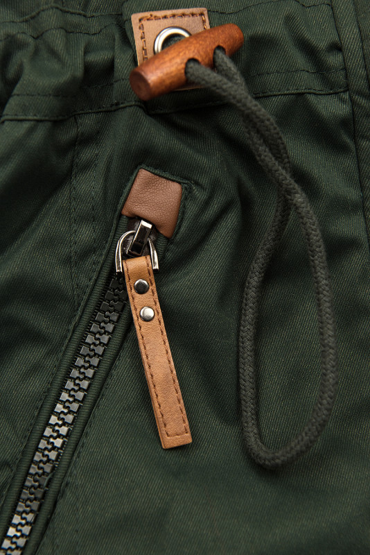 Khaki prodloužená parka s plyšem