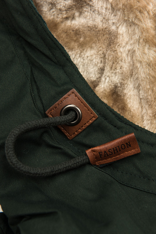 Khaki prodloužená parka s plyšem