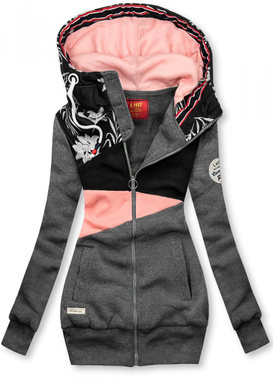 Grafitová prodloužená mikina s květinovým vzorem