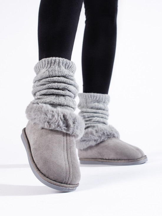 Šedé papuče s umělým kožíškem