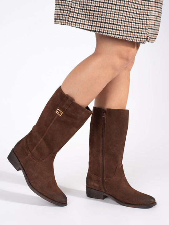 Hnědé kožené dámské kozačky na podpatku Sergio Leone