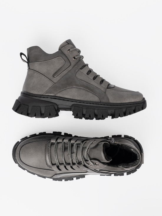 Šedé šněrovací kotníkové boty s hrubou podrážkou