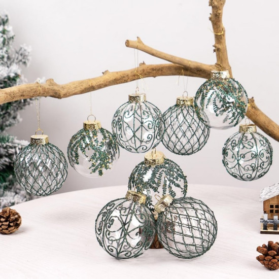 Ozdoby na stromeček zelená/transparentní, 8 cm, 9 kusů