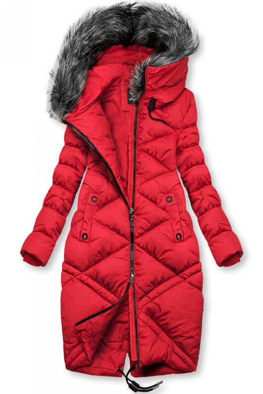 Červená dlouhá prošívaná bunda