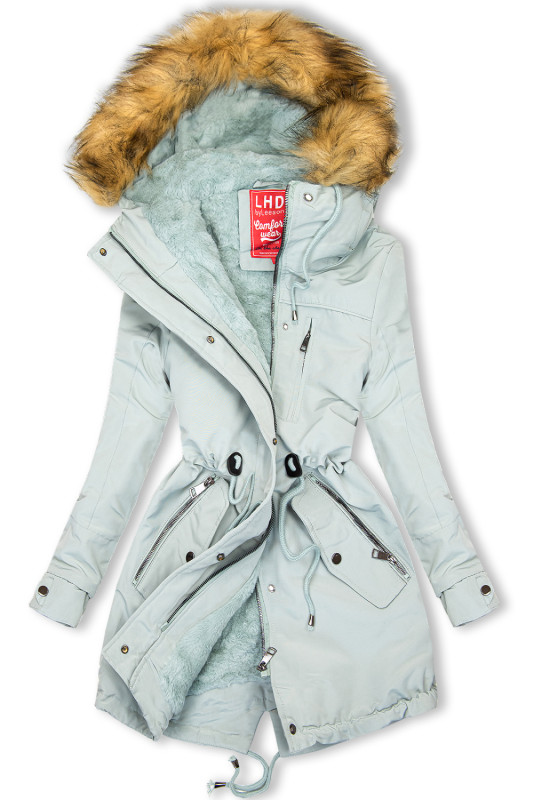 Nefritově zelená parka s kožešinou na kapuci
