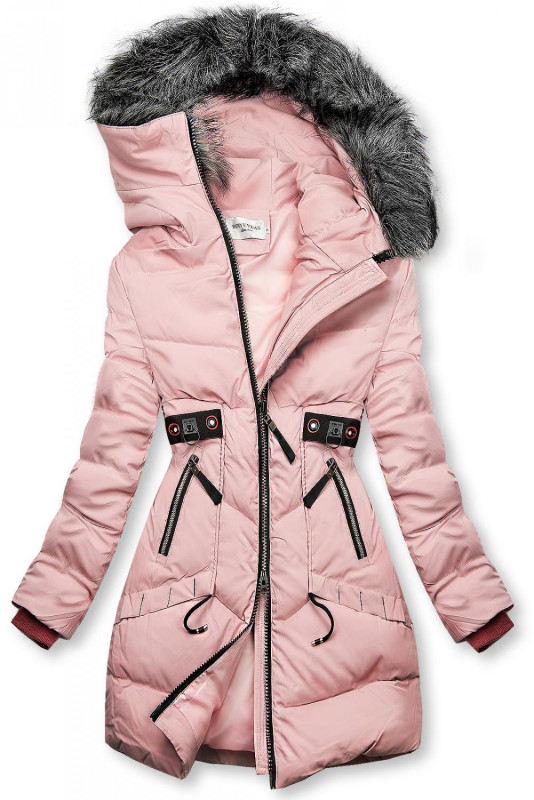 Růžová zimní bunda s černými detaily