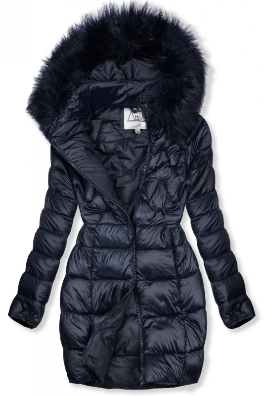 Tmavě modrá přechodná bunda s kapucí a kožešinou