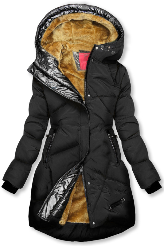 Černá/karamelová zimní bunda se stříbrným lemem
