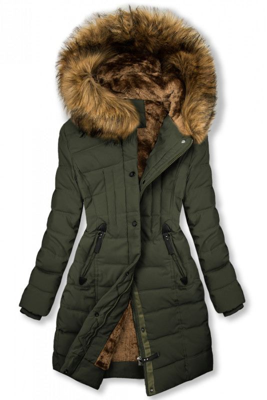 Khaki zimní bunda s plyšem a kožešinou