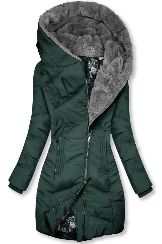 Zelená zimní bunda s květinovou podšívkou