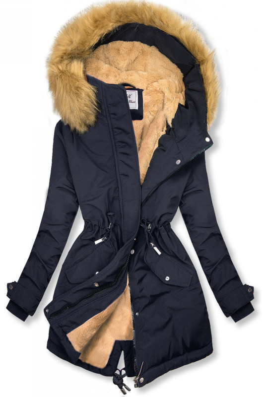 Tmavě modrá parka na zimu s béžovým futrem
