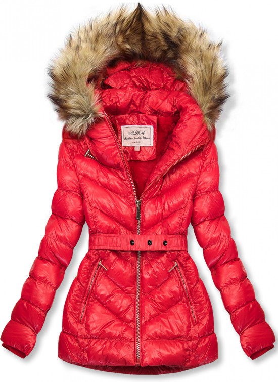 Červená zimní krátká bunda s hnědou kožešinou