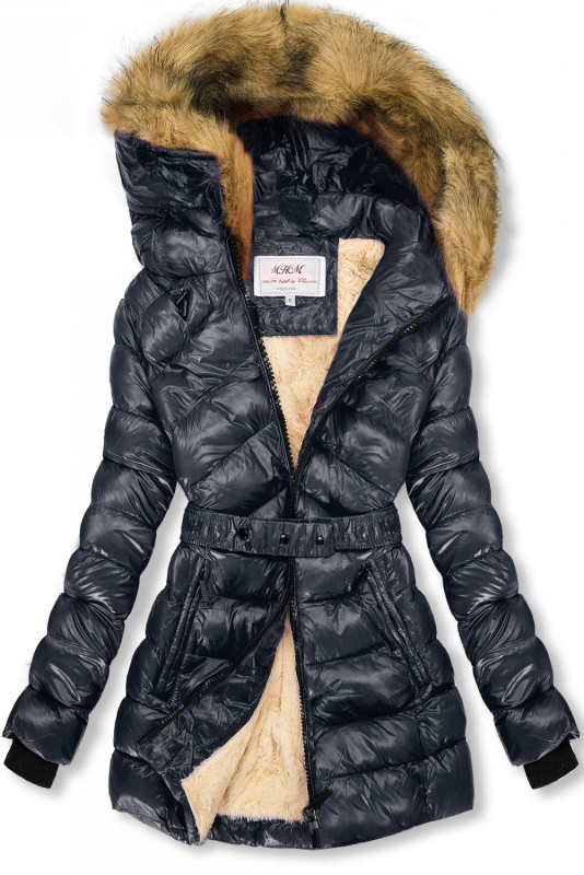 Tmavě modrá/béžová lesklá bunda s páskem