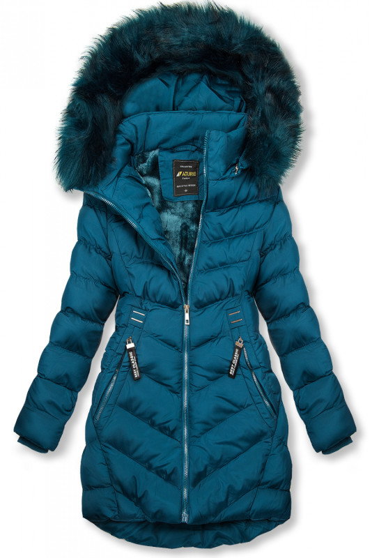 Petrolejově modrá zimní bunda s odnímatelnou kapucí