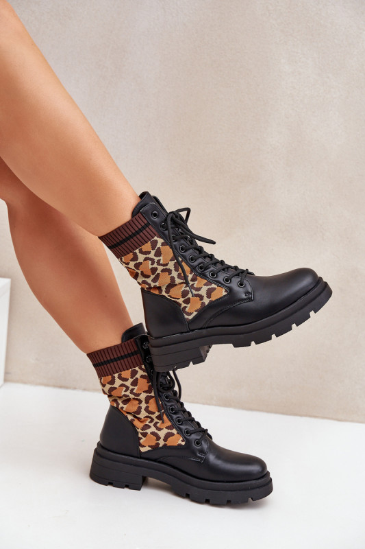 Kotníkové workery s leopardím vzorem, černé