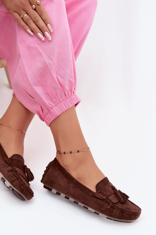 Mokasíny s ozdobnými třásněmi z imitace semiše, čokoládové