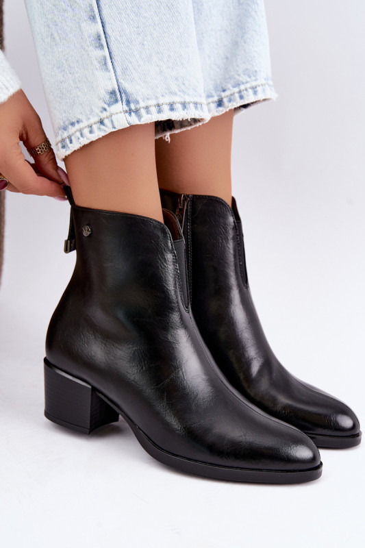 Zateplené kotníkové boty na podpatku, černé, ekologická kůže